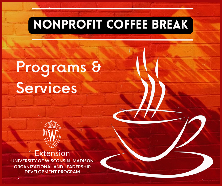 Red brick background with a coffee cup outlined in white and the words, Programs & Services