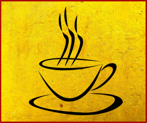 yellow background with outline of a coffee cup in black