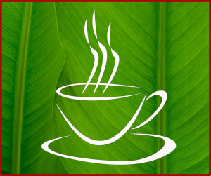 Green leaf background with outline of coffee cup in white.