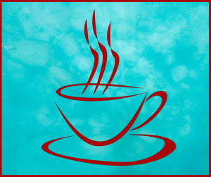 Teal water background with outline of coffee cup in red.