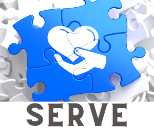 Blue puzzle pieces with a white heart held by a hand, and the word SERVE at the bottom.
